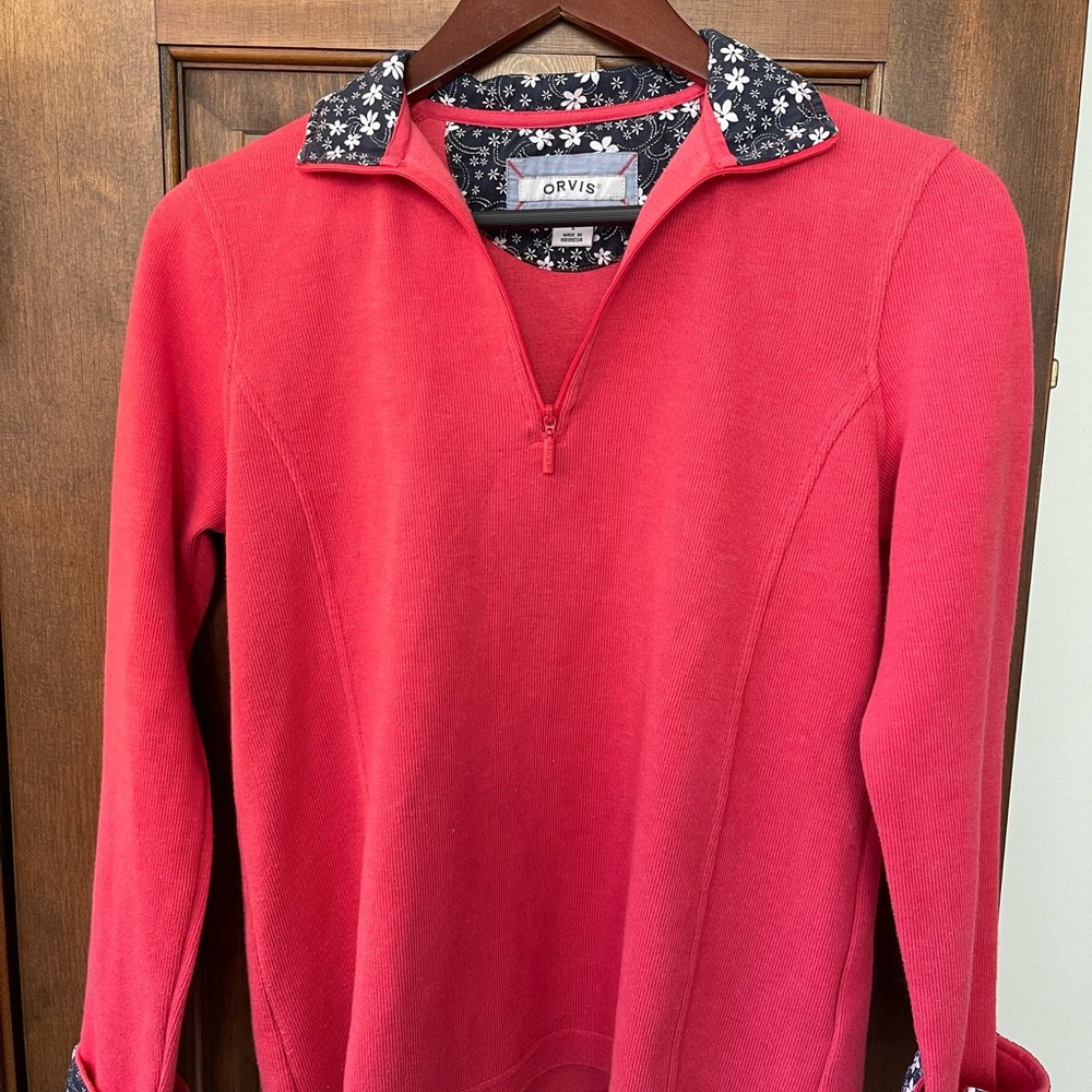 Orvis Pink Knit Quarter Zip Pullover Sweater with Floral Trim Size small